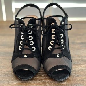 Chanel Suede & Mesh Peep Toe Heels